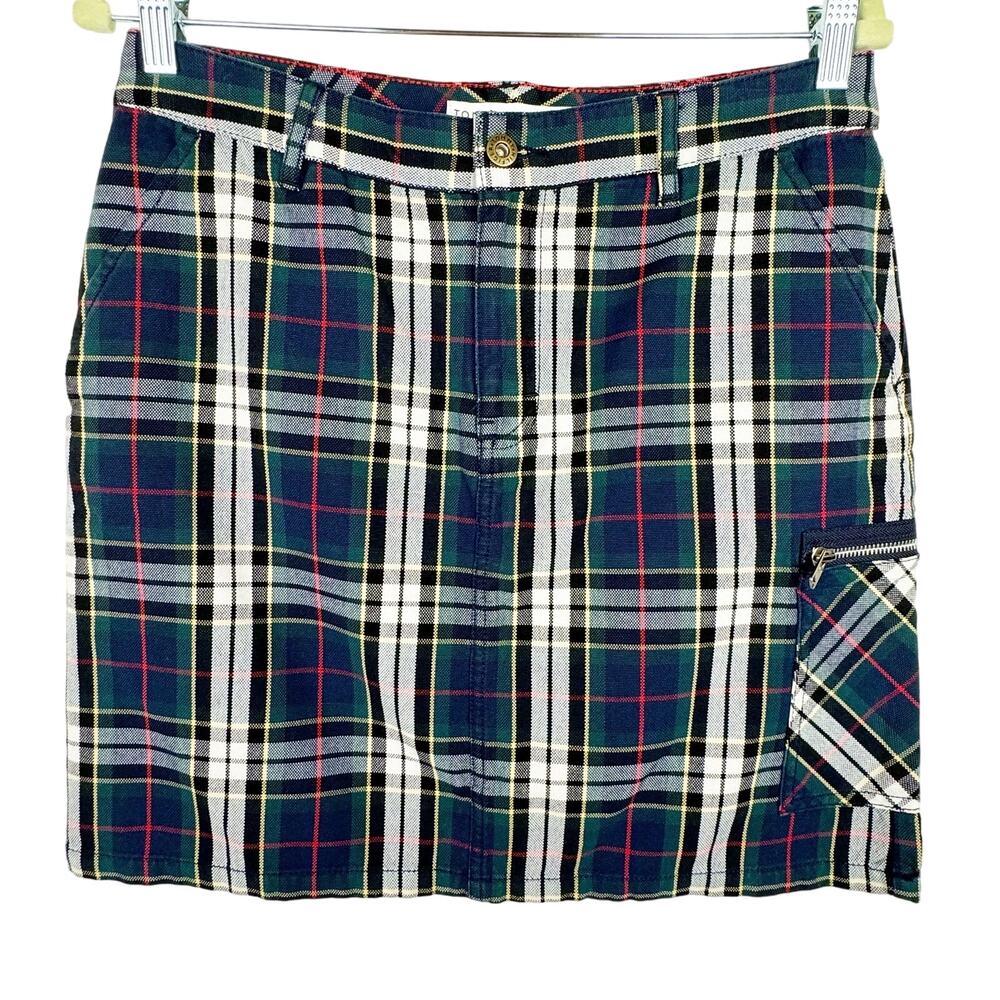 Vtg Tommy Hilfiger Jeans Navy Blue 100% Cotton Plaid Y2K Mini Utility Skirt Sz 6